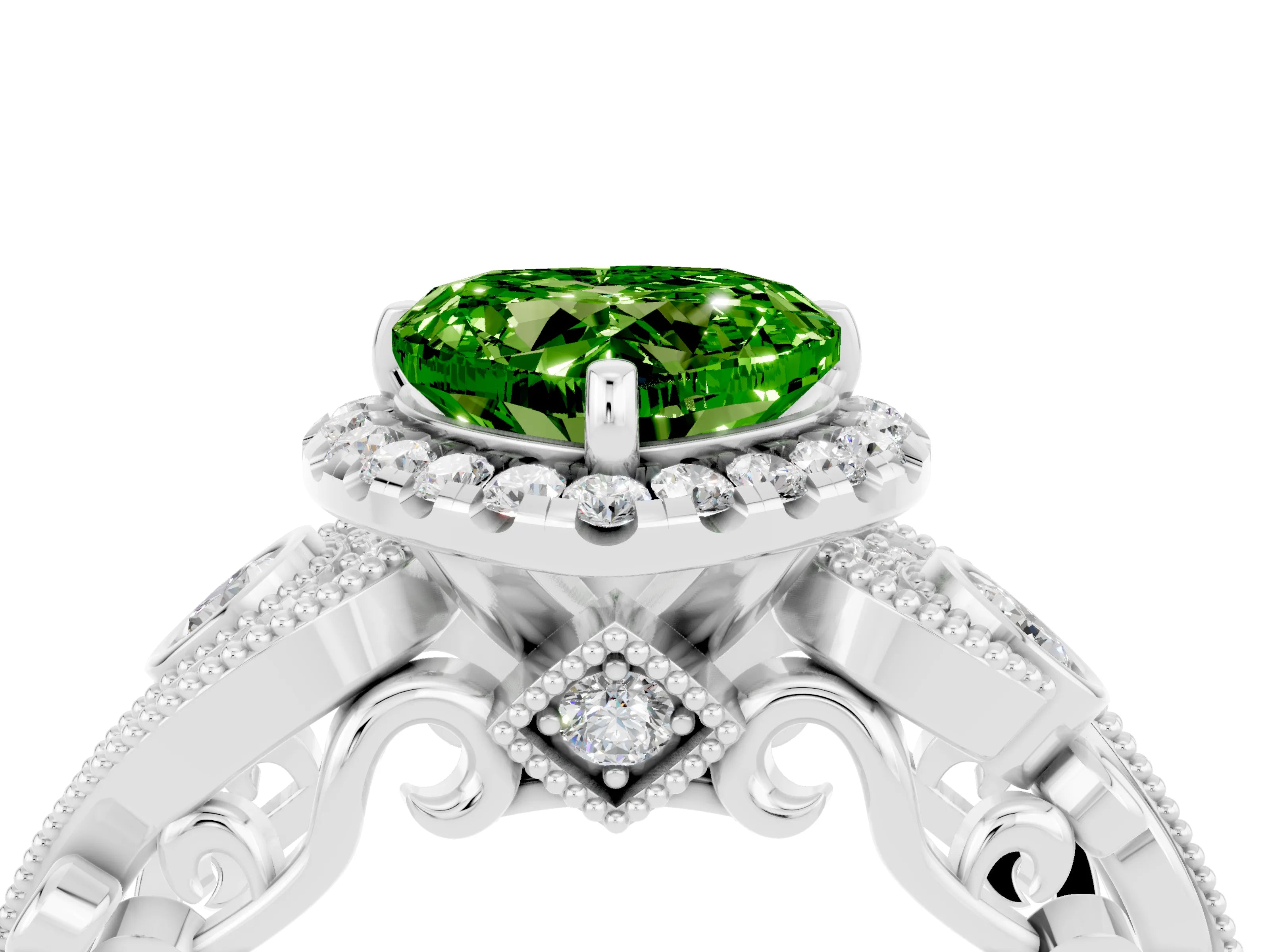 White gold Heart Cut Peridot Halo Ring with Milgrain Pavé Band and Four-Prong Setting_16