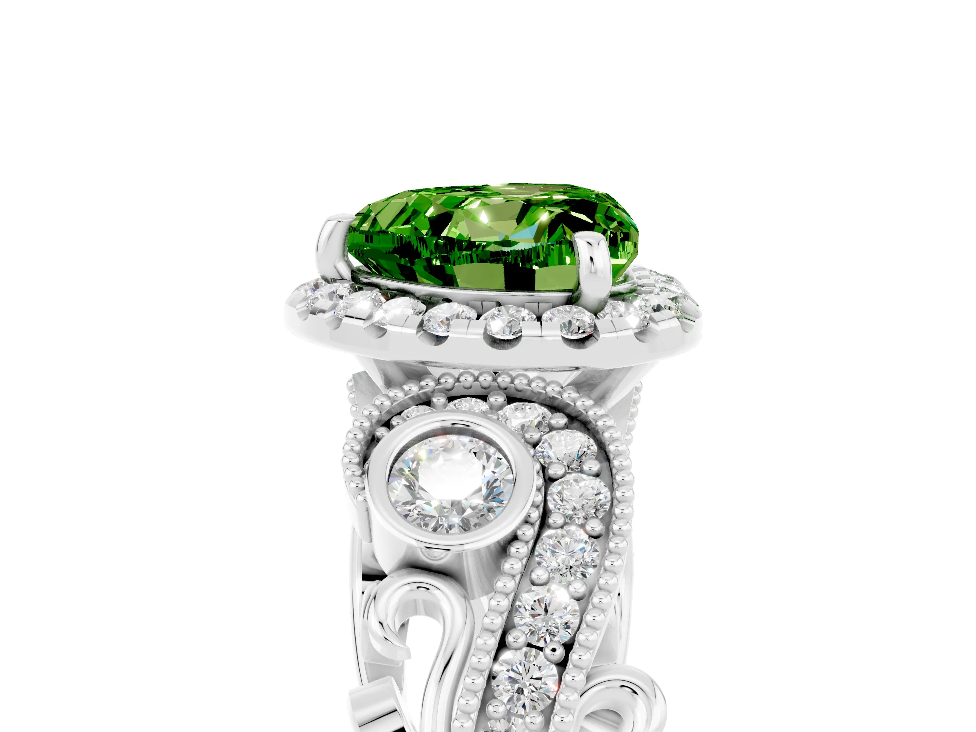 White gold Heart Cut Peridot Halo Ring with Milgrain Pavé Band and Four-Prong Setting_17