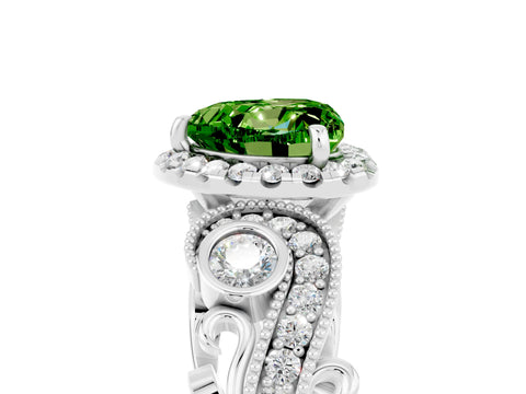 White gold Heart Cut Peridot Halo Ring with Milgrain Pavé Band and Four-Prong Setting_17