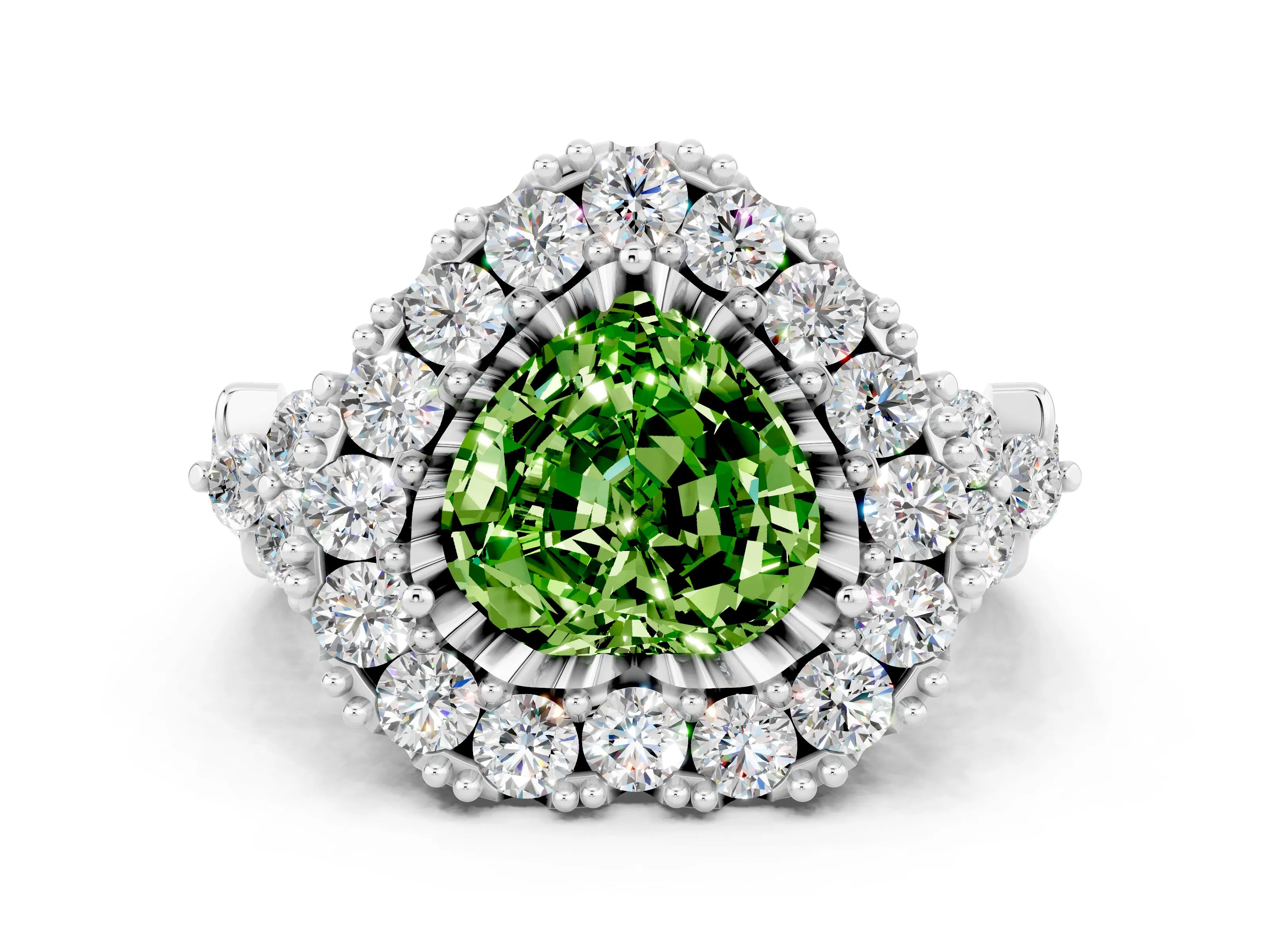 White gold Heart Cut Peridot Halo Ring with Pavé Band and Four-Prong Setting_12