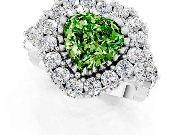 Platinum Heart Cut Peridot Halo Ring with Pavé Band and Four-Prong Setting