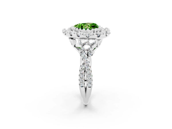Silver Heart Cut Peridot Halo Ring with Pavé Band and Four-Prong Setting
