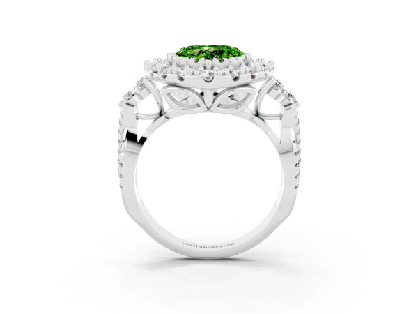 Platinum Heart Cut Peridot Halo Ring with Pavé Band and Four-Prong Setting