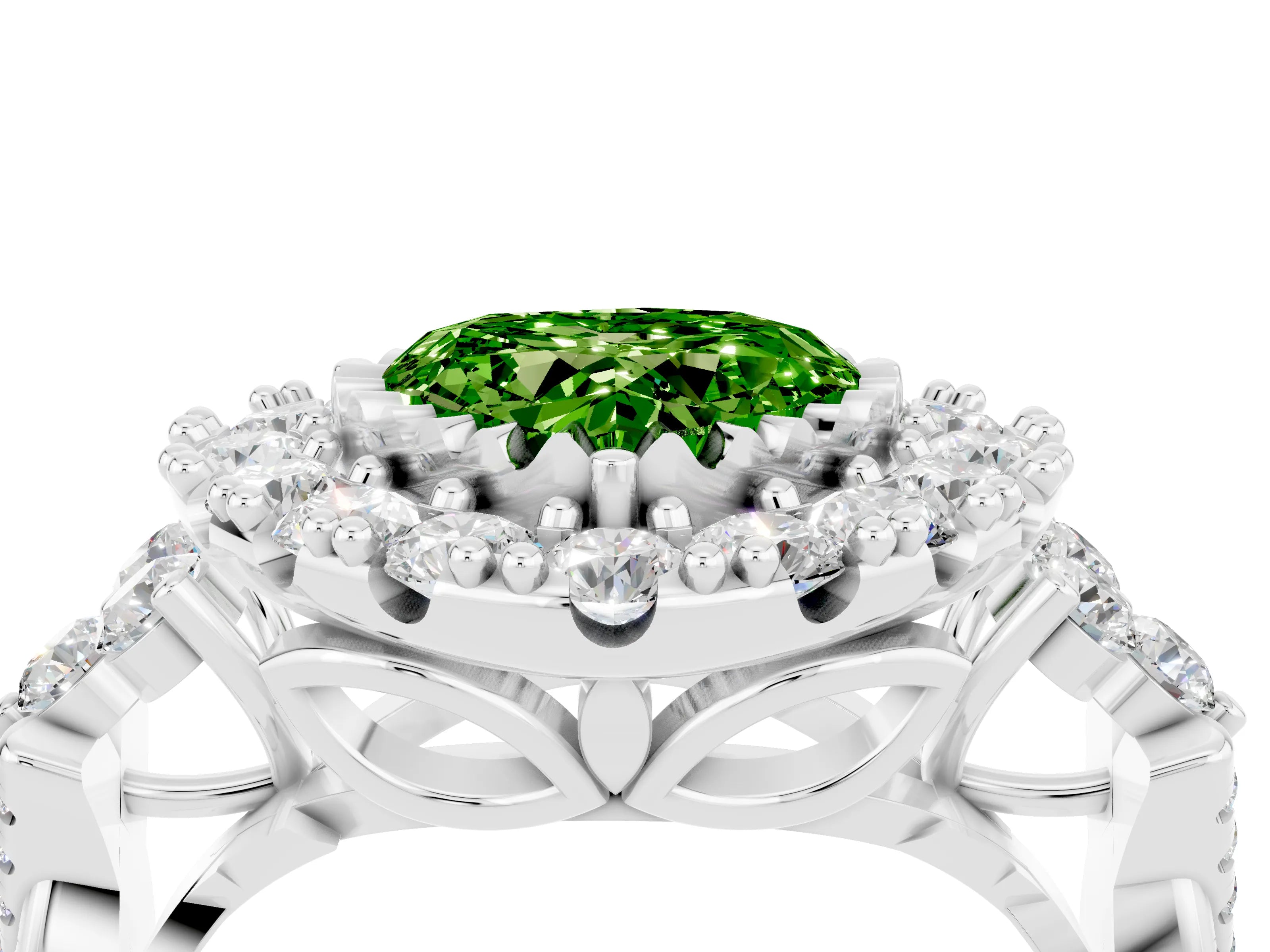 White gold Heart Cut Peridot Halo Ring with Pavé Band and Four-Prong Setting_16