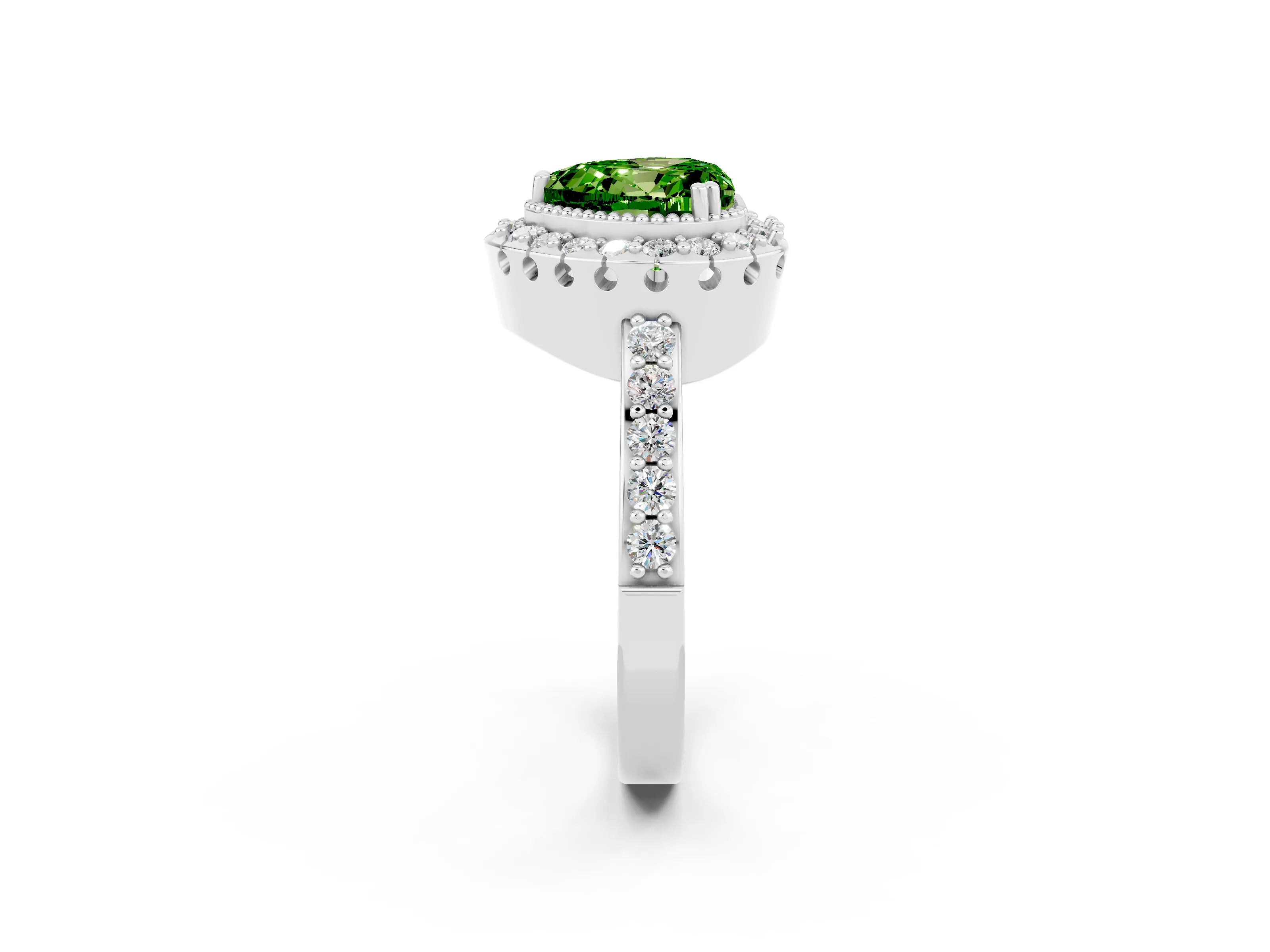 White gold Heart Cut Peridot Halo Ring with Pavé Band and Prong Setting_2
