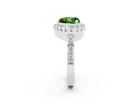 White gold Heart Cut Peridot Halo Ring with Pavé Band and Prong Setting_2
