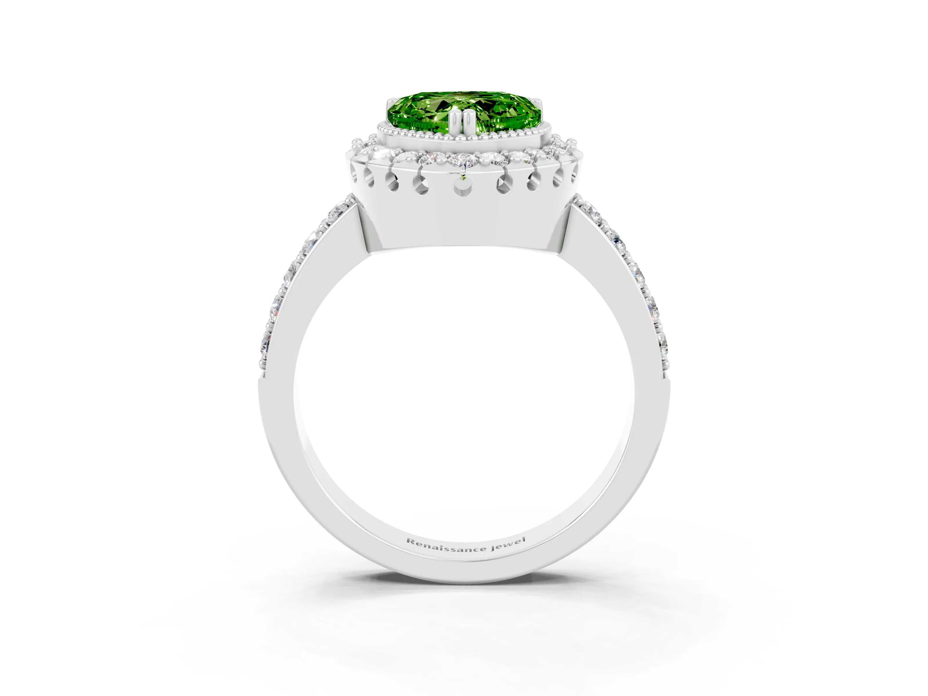 White gold Heart Cut Peridot Halo Ring with Pavé Band and Prong Setting_3