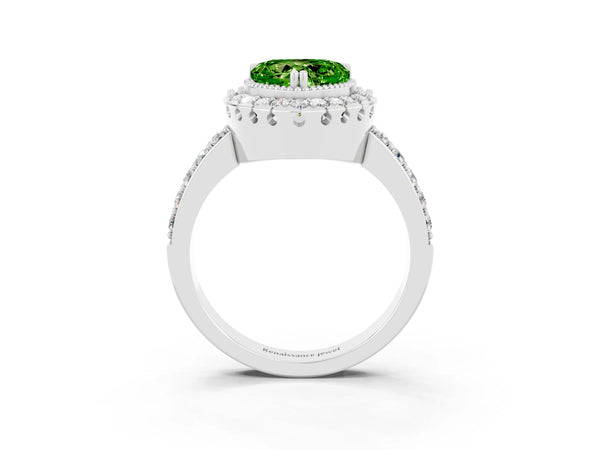 Silver Heart Cut Peridot Halo Ring with Pavé Band and Prong Setting