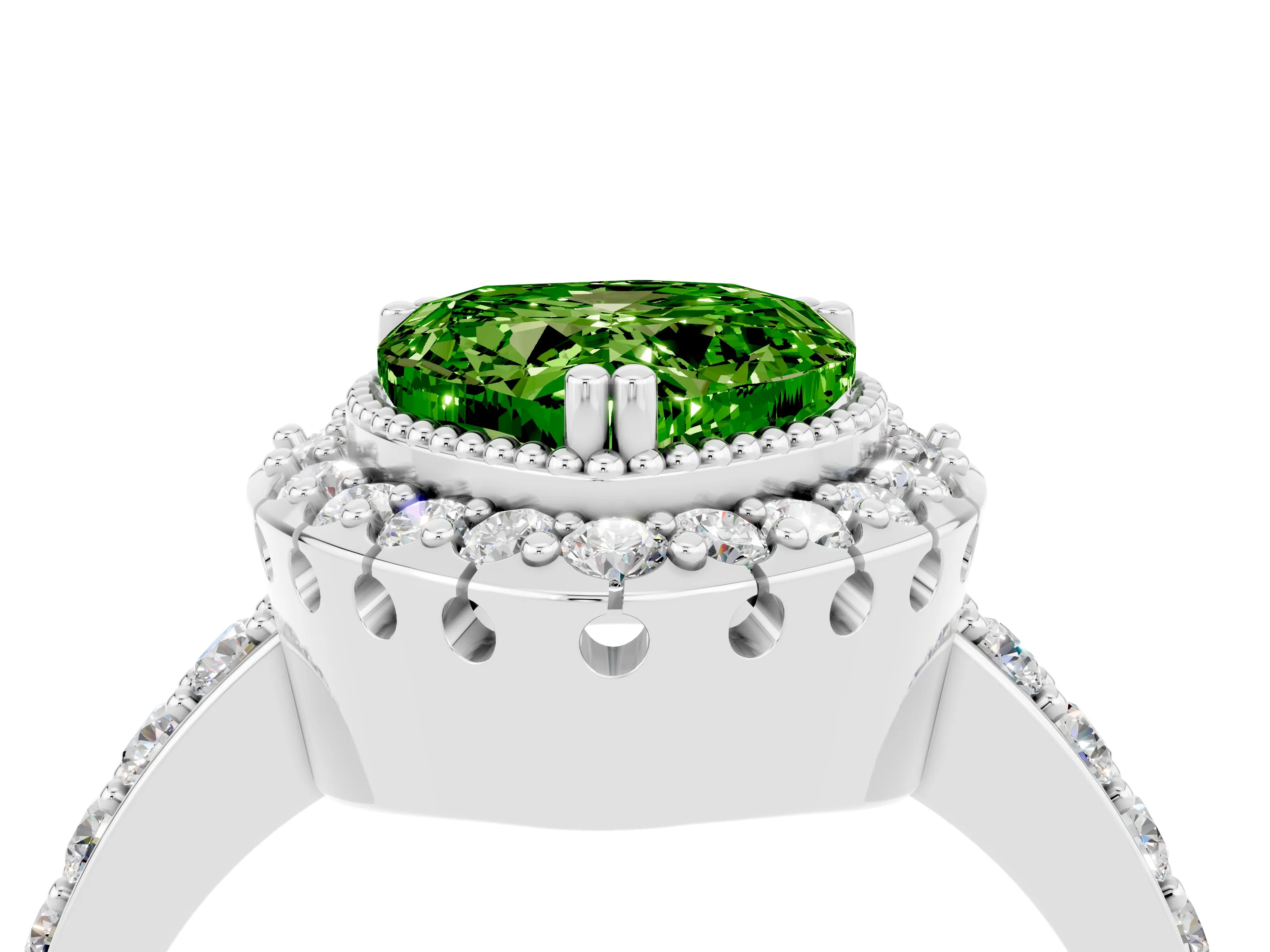 White gold Heart Cut Peridot Halo Ring with Pavé Band and Prong Setting_4