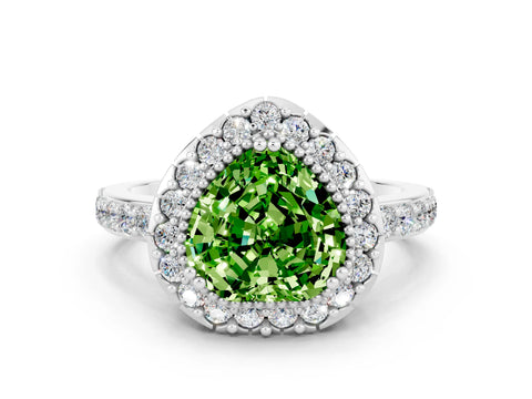 White gold Heart Cut Peridot Halo Ring with Pavé Band and Prong Setting