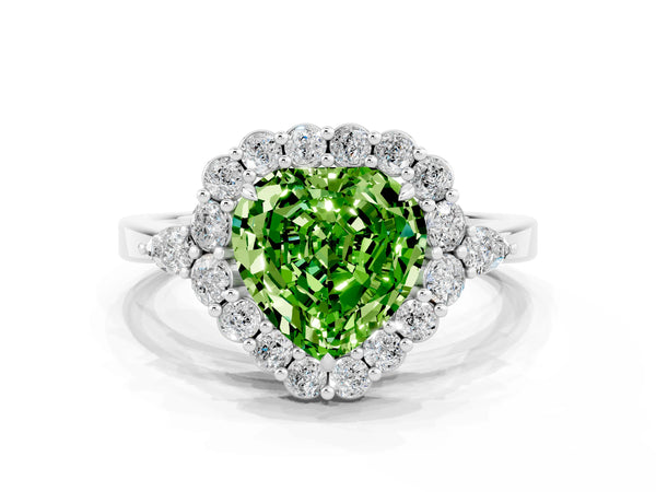 Platinum Heart Cut Peridot Halo Ring with Pear Side Stones and Prong Setting