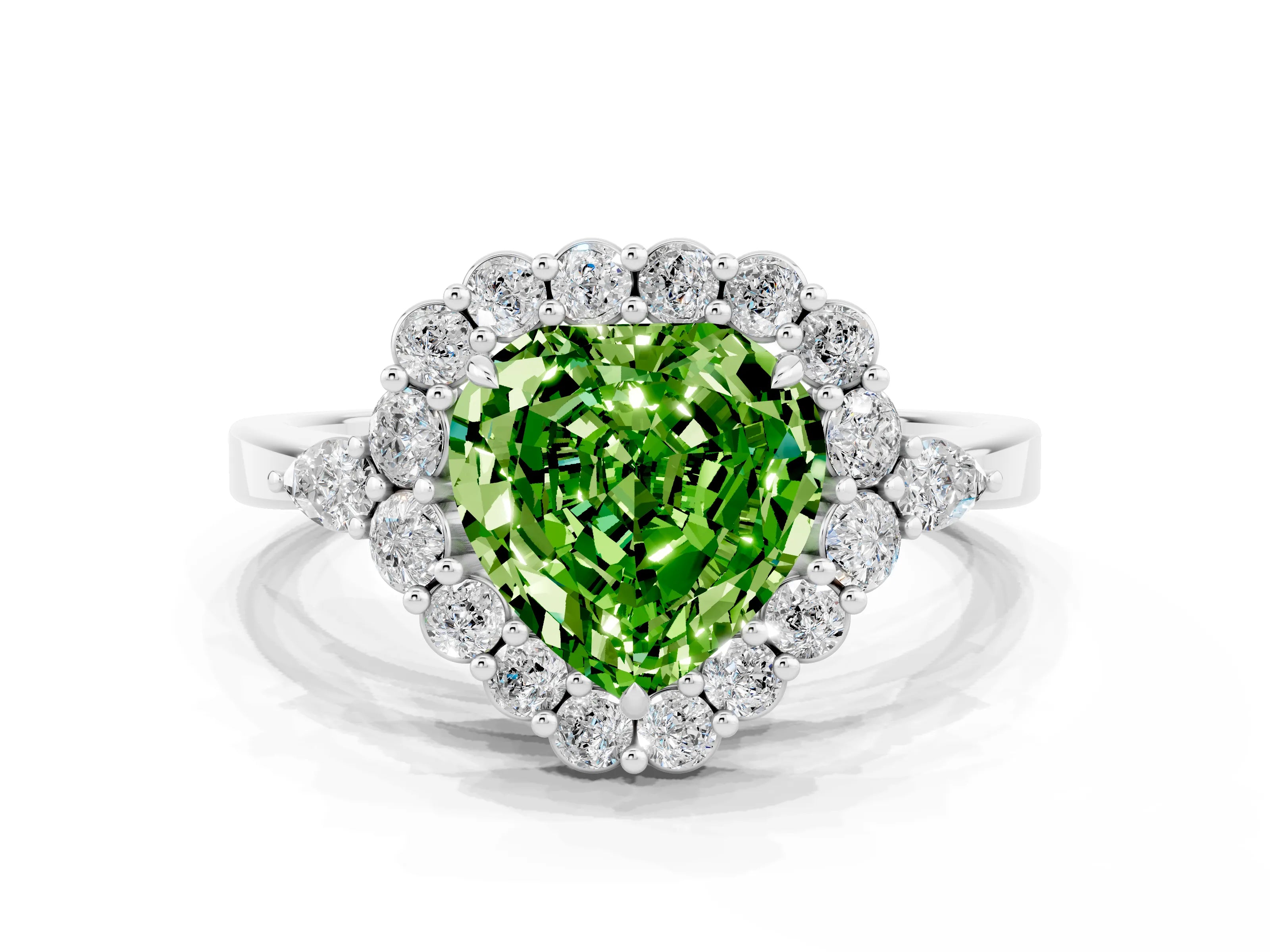 White gold Heart Cut Peridot Halo Ring with Pear Side Stones and Prong Setting_24