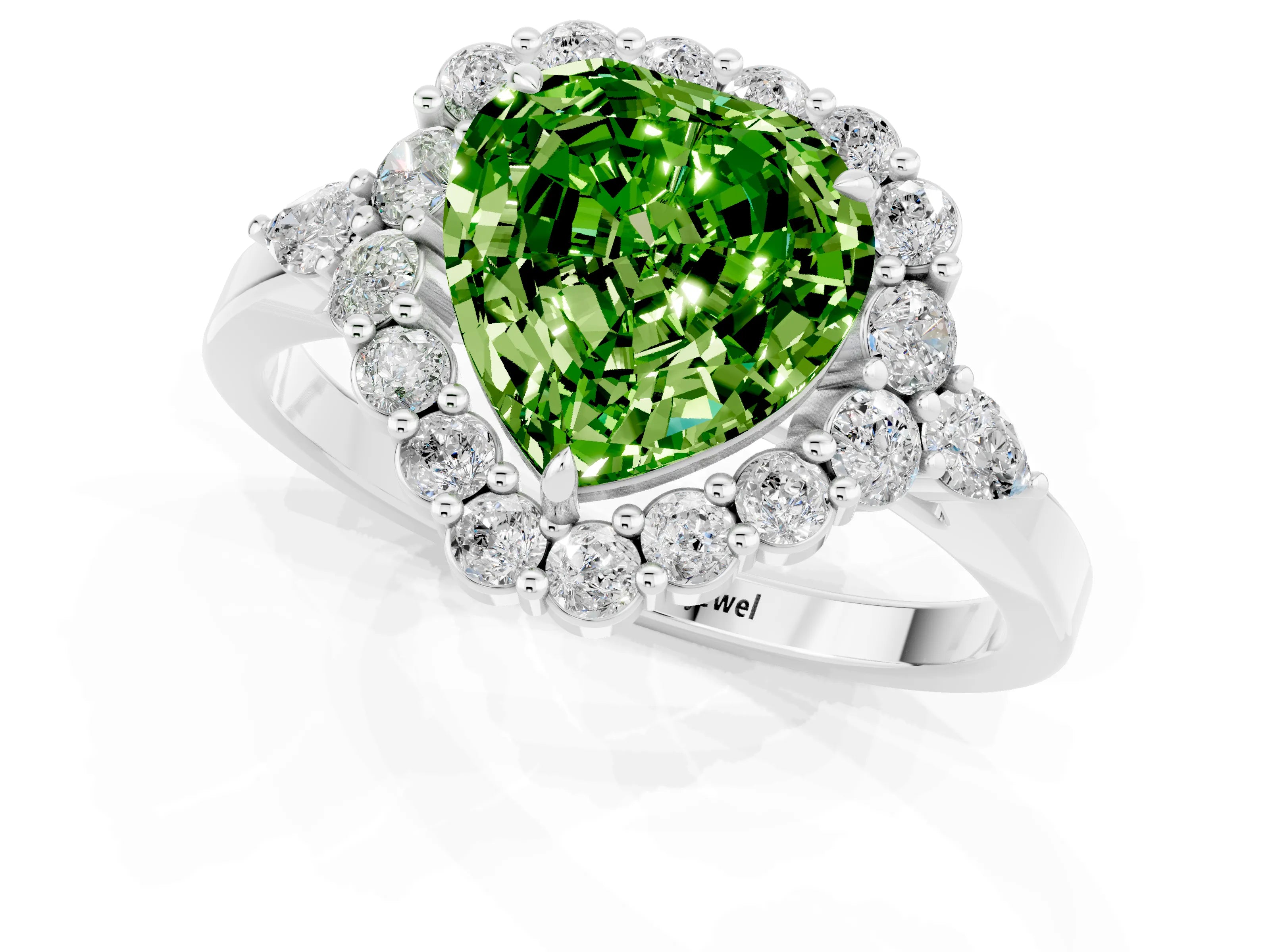 White gold Heart Cut Peridot Halo Ring with Pear Side Stones and Prong Setting_25
