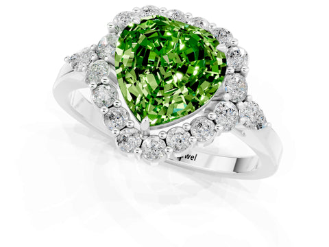 White gold Heart Cut Peridot Halo Ring with Pear Side Stones and Prong Setting_25