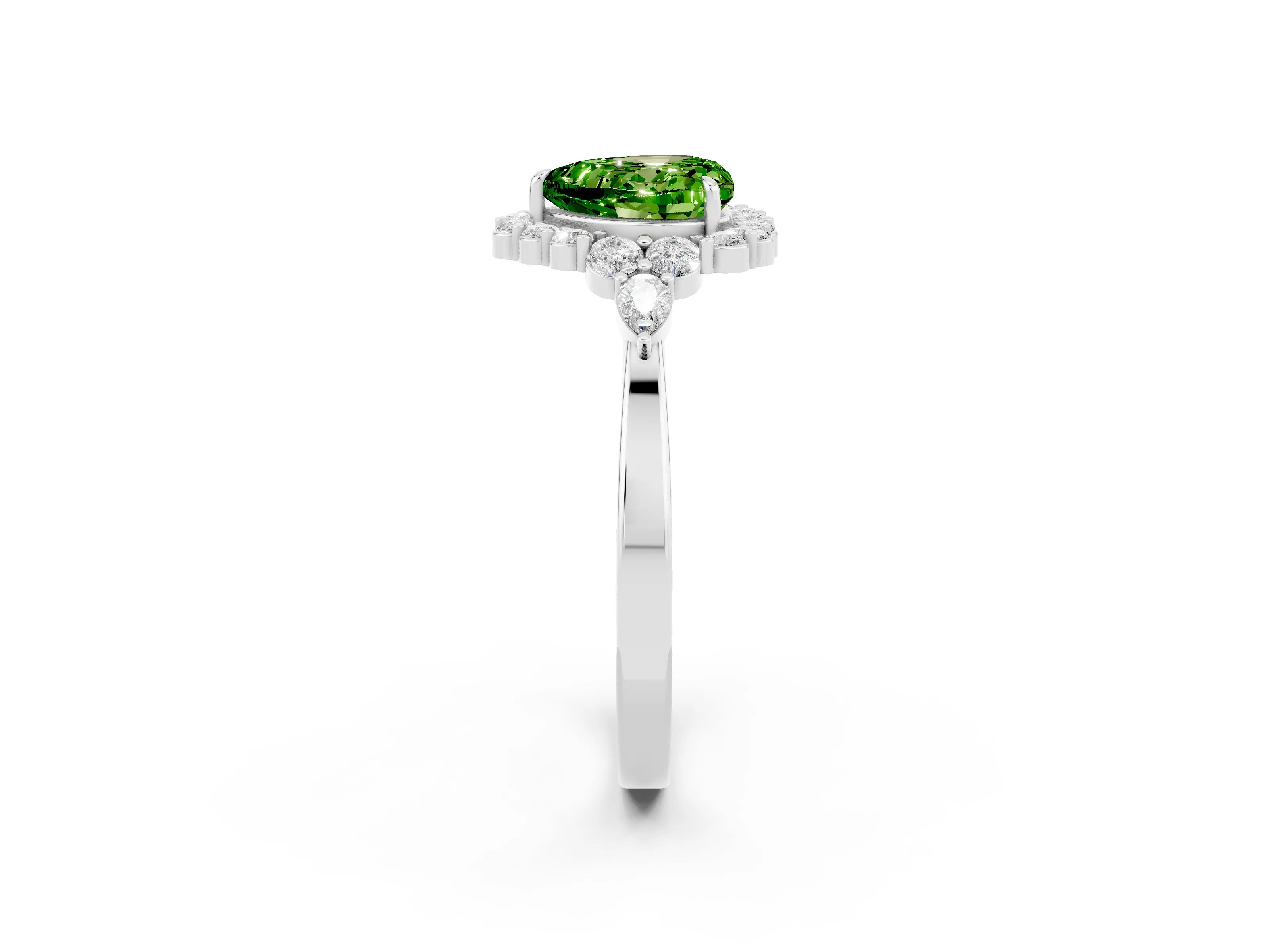 White gold Heart Cut Peridot Halo Ring with Pear Side Stones and Prong Setting_26