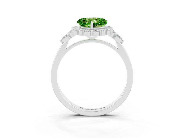 Platinum Heart Cut Peridot Halo Ring with Pear Side Stones and Prong Setting