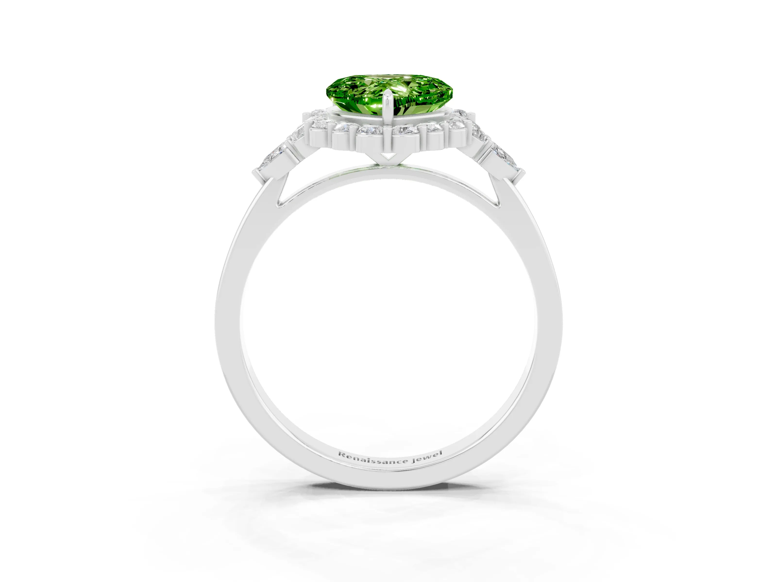 White gold Heart Cut Peridot Halo Ring with Pear Side Stones and Prong Setting_27