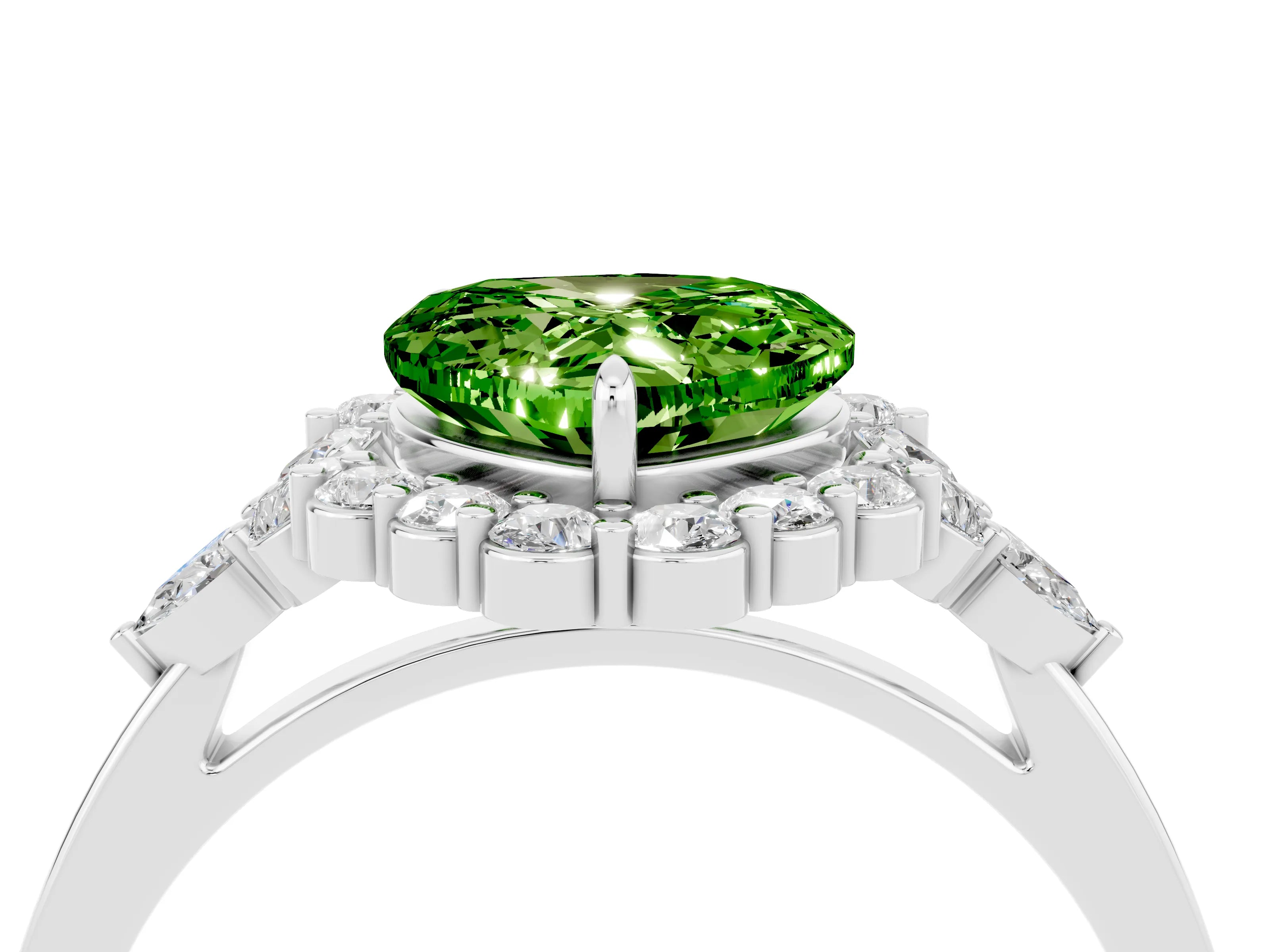 White gold Heart Cut Peridot Halo Ring with Pear Side Stones and Prong Setting_28