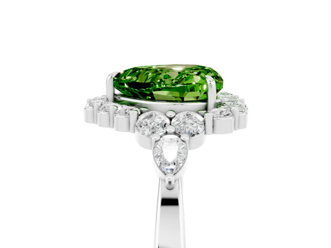 White gold Heart Cut Peridot Halo Ring with Pear Side Stones and Prong Setting_29