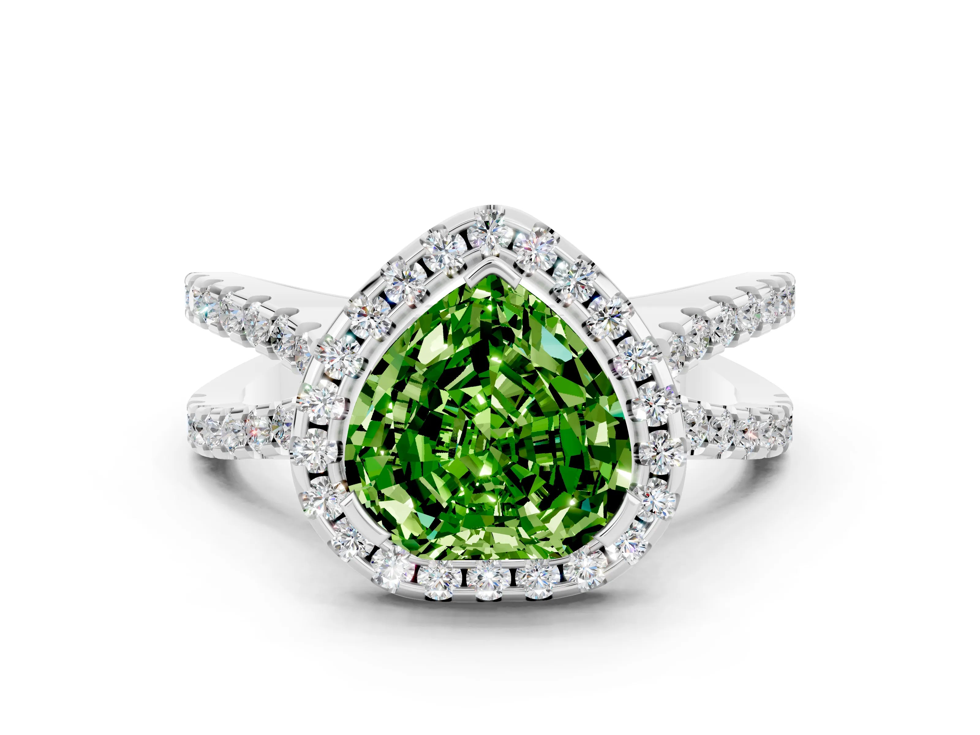 White gold Heart Cut Peridot Halo Ring with Split Shank Pavé Band and Prong Setting