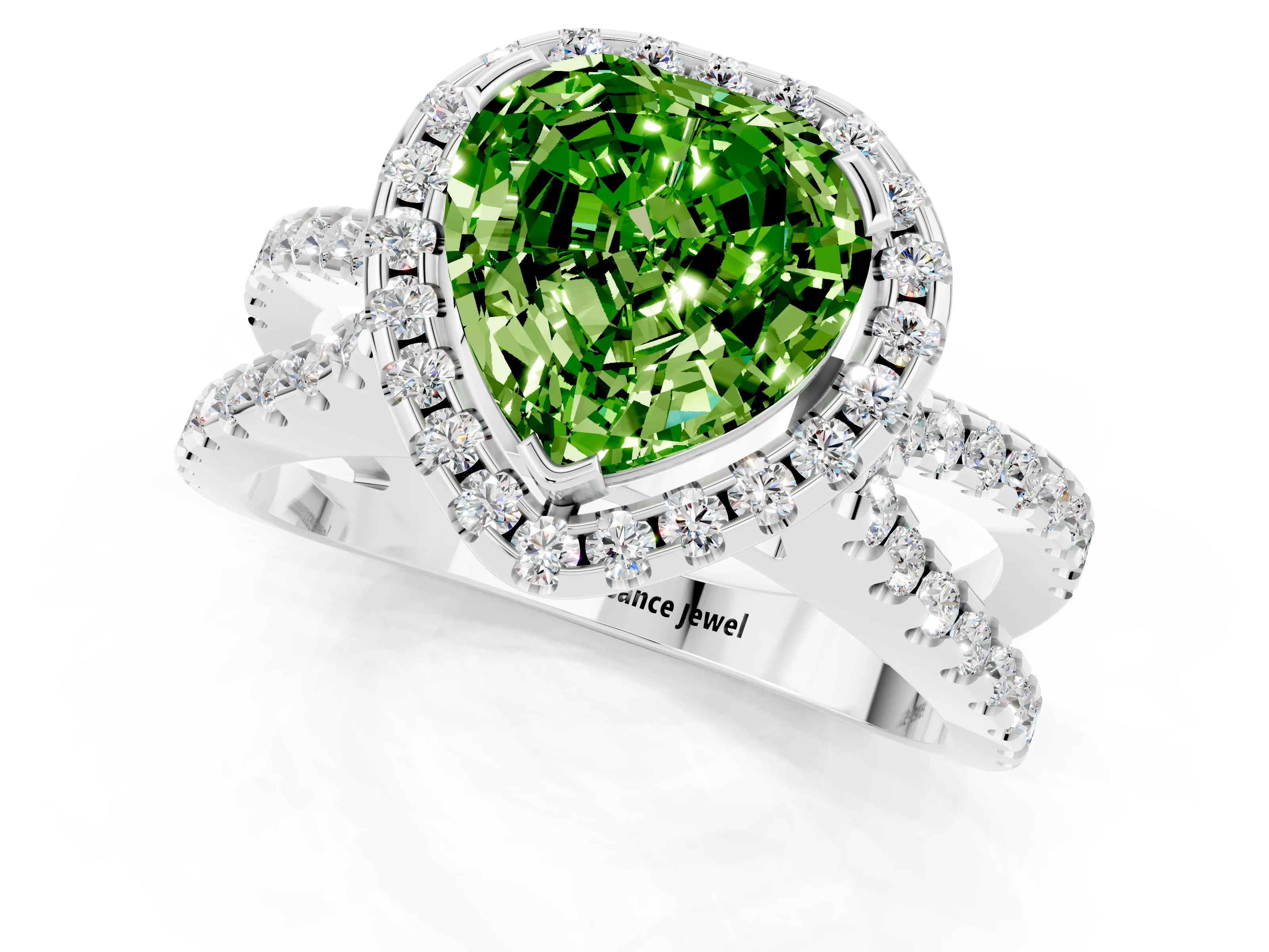White gold Heart Cut Peridot Halo Ring with Split Shank Pavé Band and Prong Setting_1