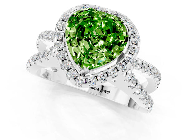 White gold Heart Cut Peridot Halo Ring with Split Shank Pavé Band and Prong Setting