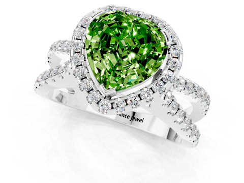 White gold Heart Cut Peridot Halo Ring with Split Shank Pavé Band and Prong Setting_1