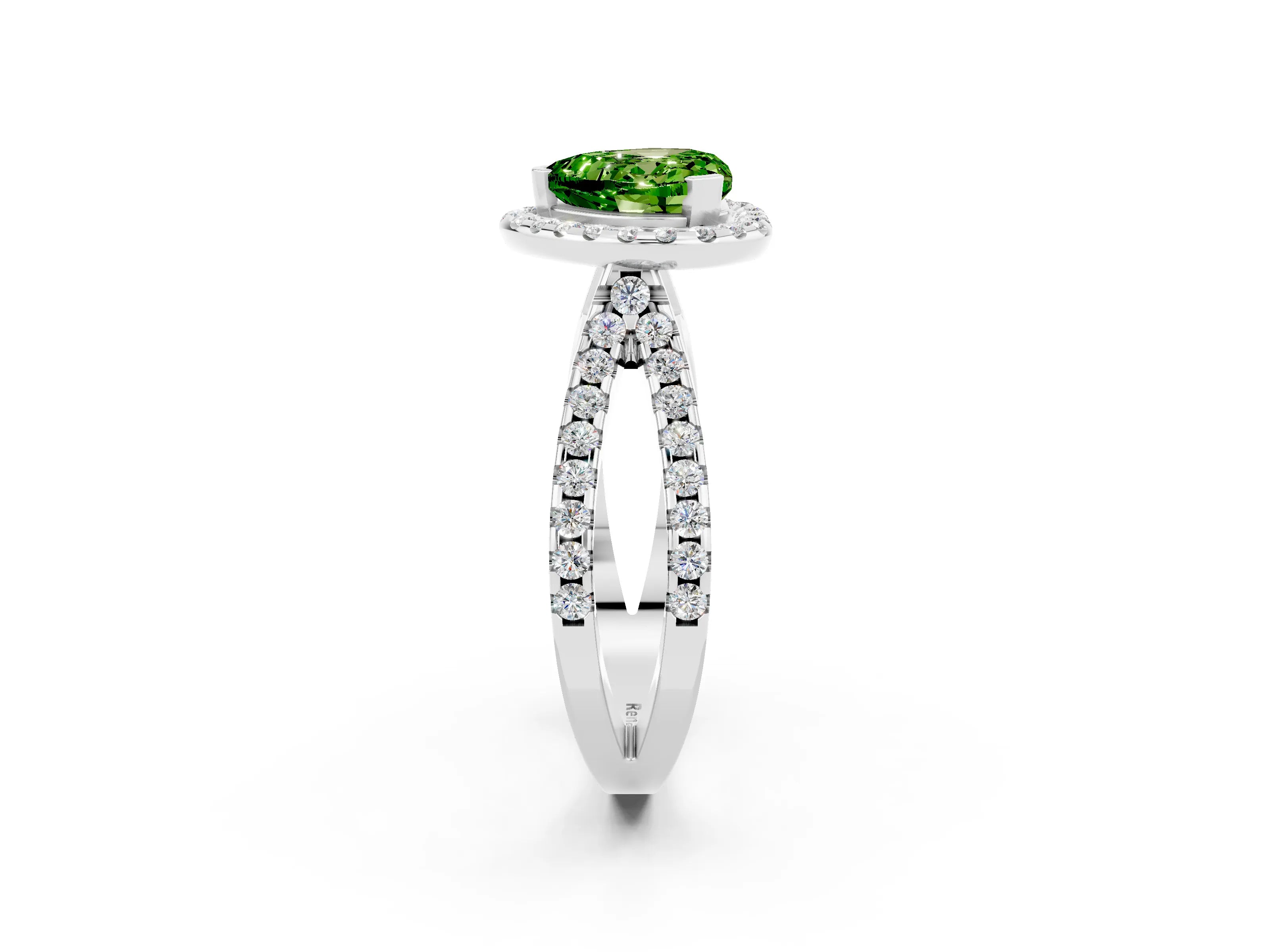 White gold Heart Cut Peridot Halo Ring with Split Shank Pavé Band and Prong Setting_2