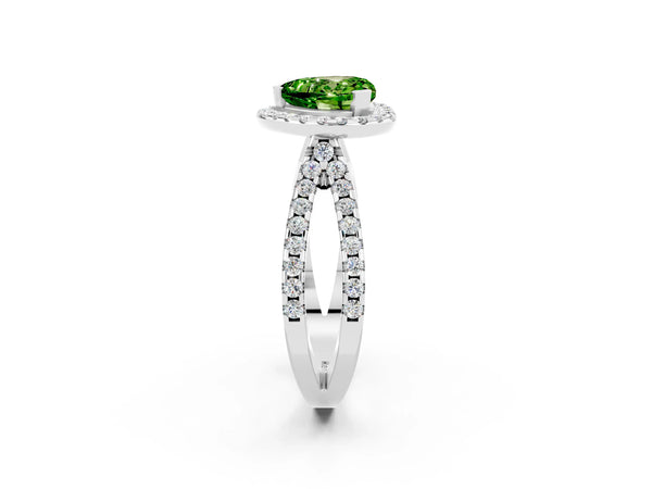 Silver Heart Cut Peridot Halo Ring with Split Shank Pavé Band and Prong Setting