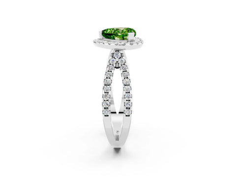 White gold Heart Cut Peridot Halo Ring with Split Shank Pavé Band and Prong Setting_2
