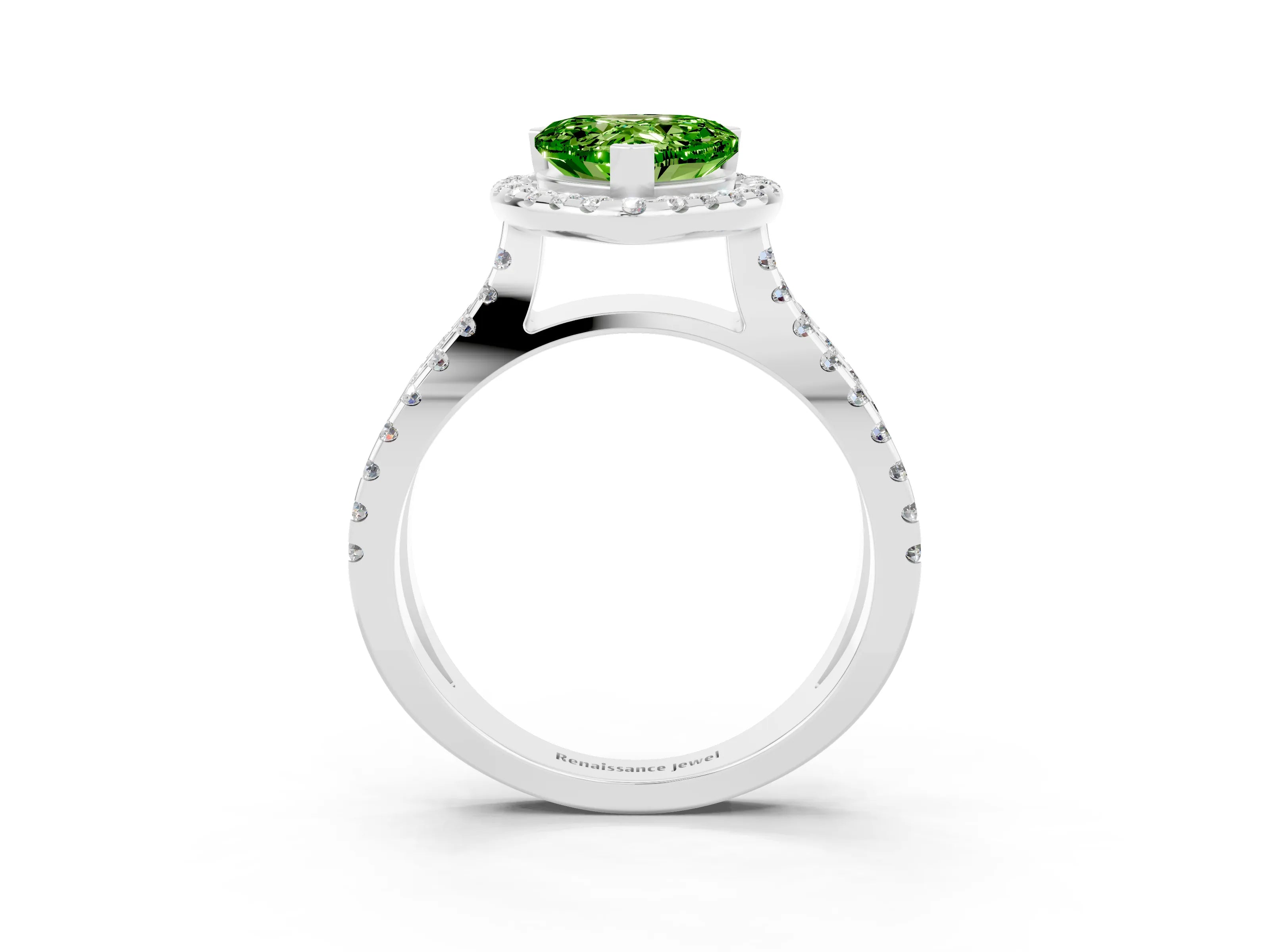 White gold Heart Cut Peridot Halo Ring with Split Shank Pavé Band and Prong Setting_3