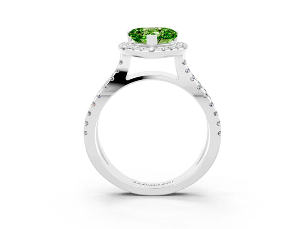 White gold Heart Cut Peridot Halo Ring with Split Shank Pavé Band and Prong Setting