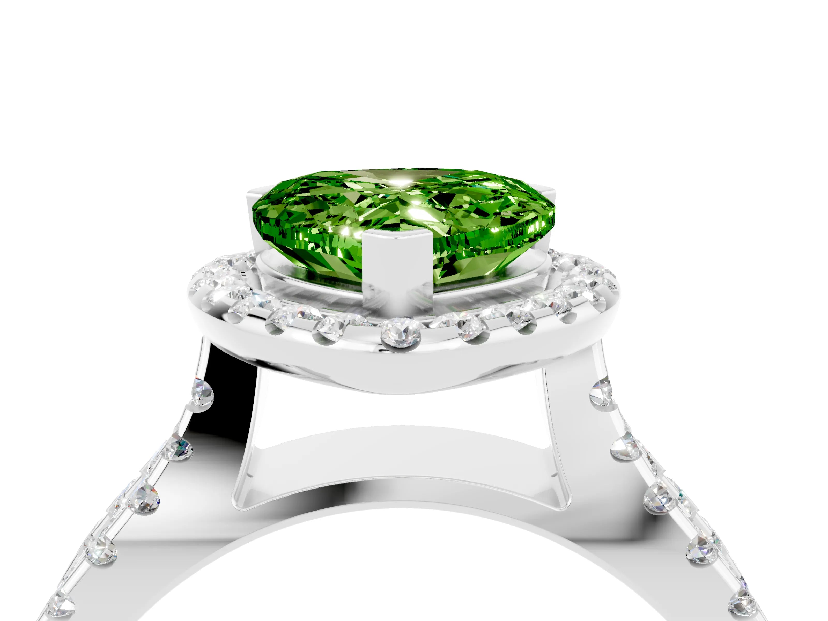 White gold Heart Cut Peridot Halo Ring with Split Shank Pavé Band and Prong Setting_4