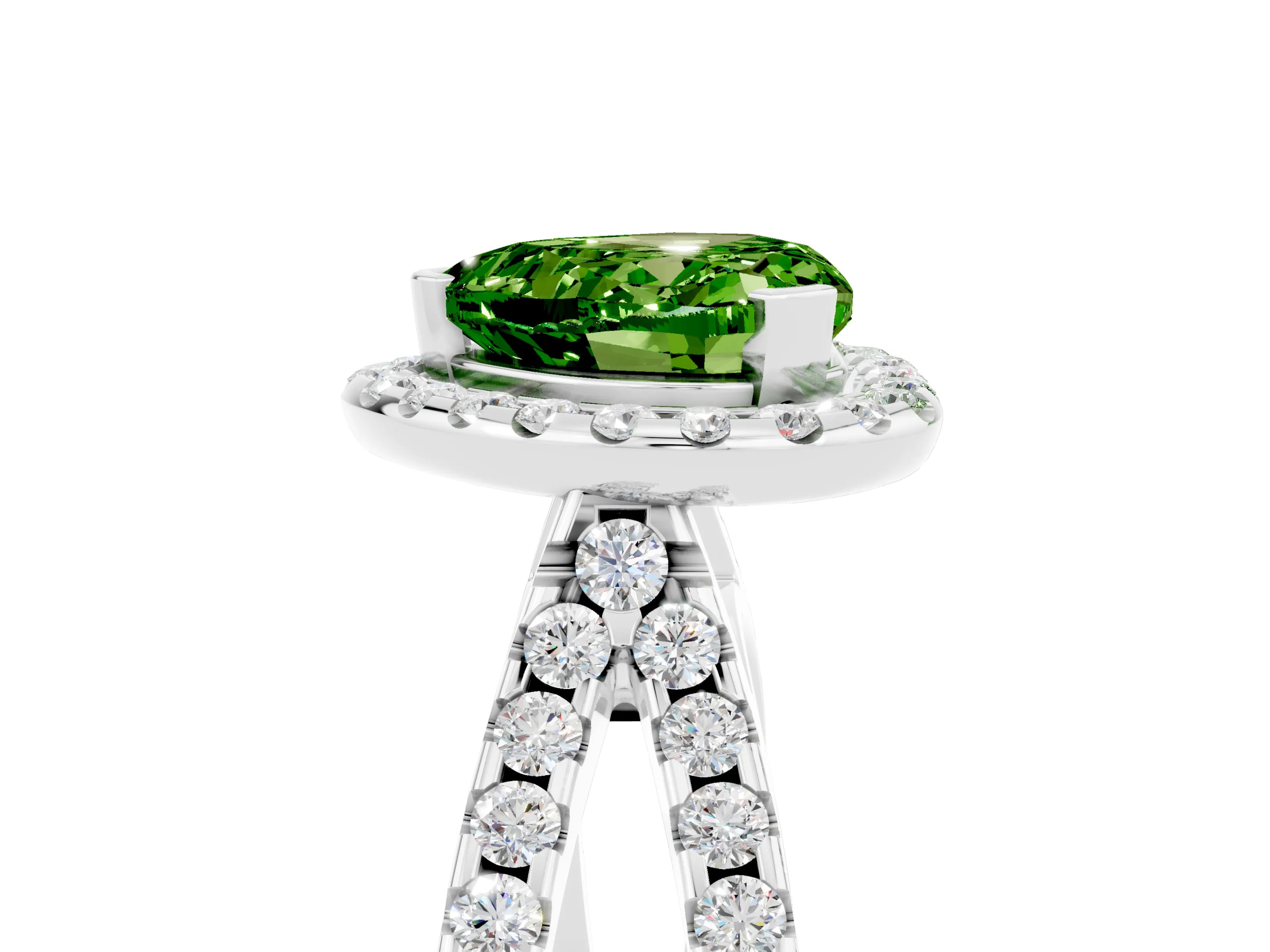 White gold Heart Cut Peridot Halo Ring with Split Shank Pavé Band and Prong Setting_5