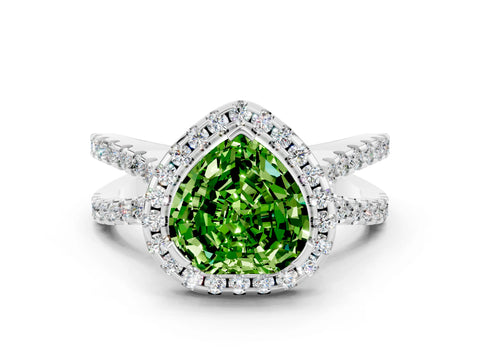 White gold Heart Cut Peridot Halo Ring with Split Shank Pavé Band and Prong Setting