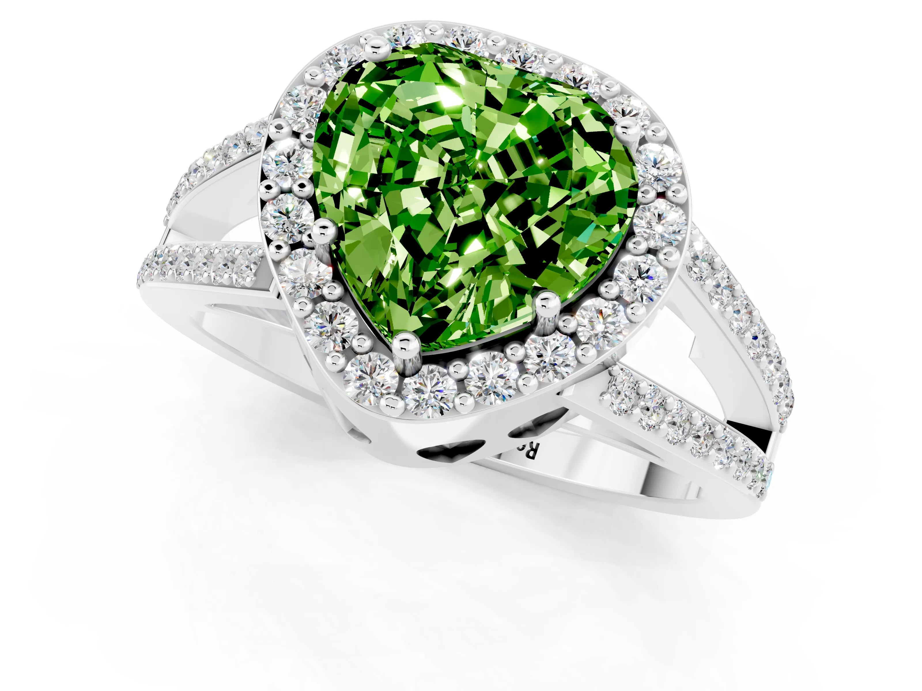 White gold Heart Cut Peridot Halo Ring with Split Shank U-Prong Band and Four-Prong Setting_1