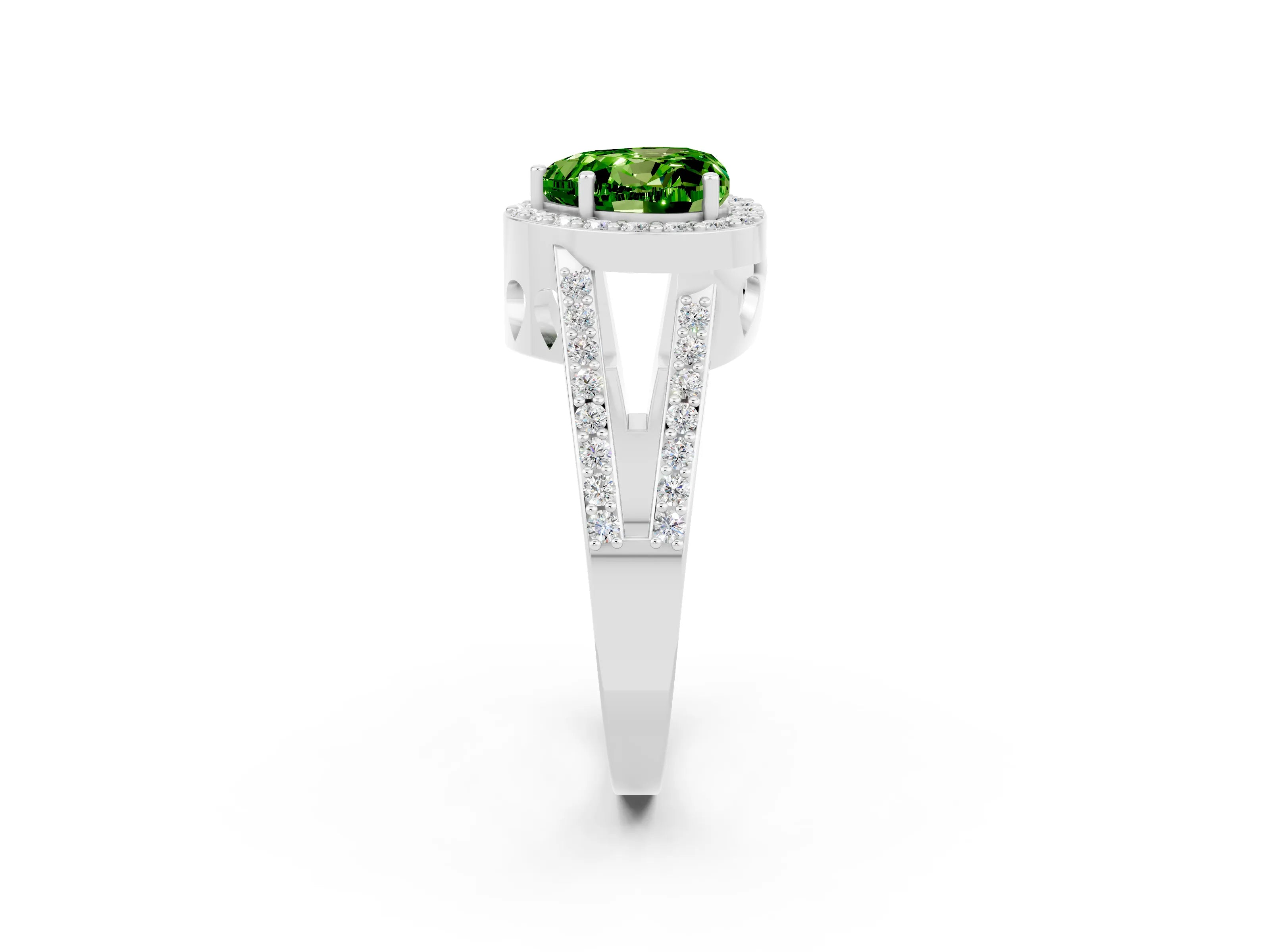 White gold Heart Cut Peridot Halo Ring with Split Shank U-Prong Band and Four-Prong Setting_2