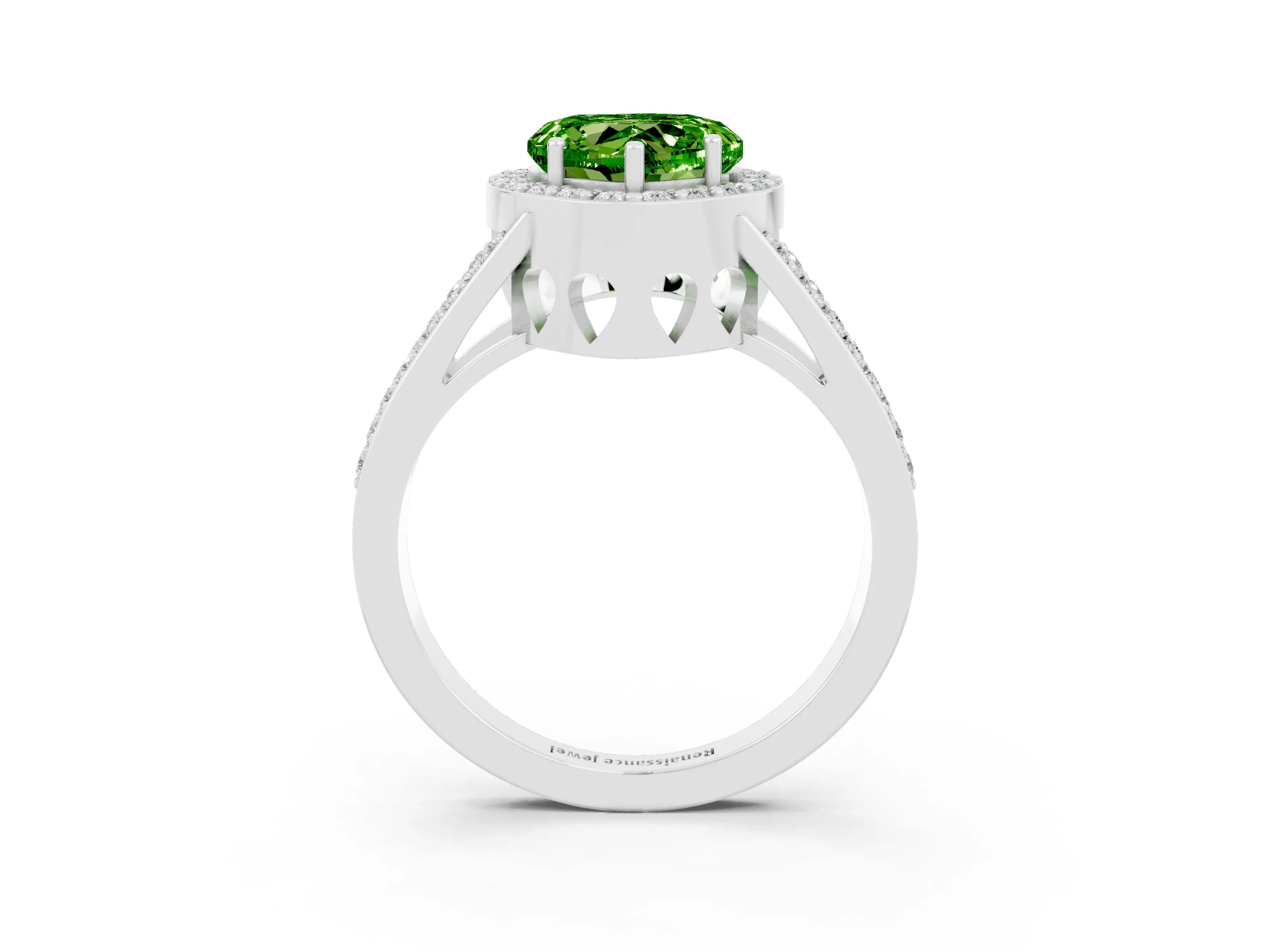 White gold Heart Cut Peridot Halo Ring with Split Shank U-Prong Band and Four-Prong Setting_3