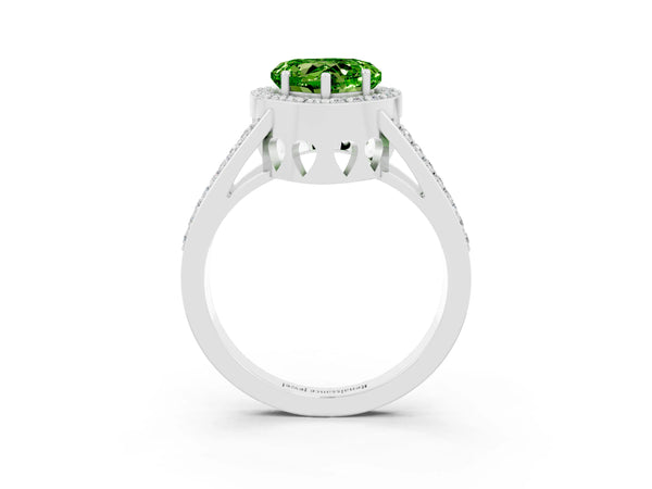 White gold Heart Cut Peridot Halo Ring with Split Shank U-Prong Band and Four-Prong Setting