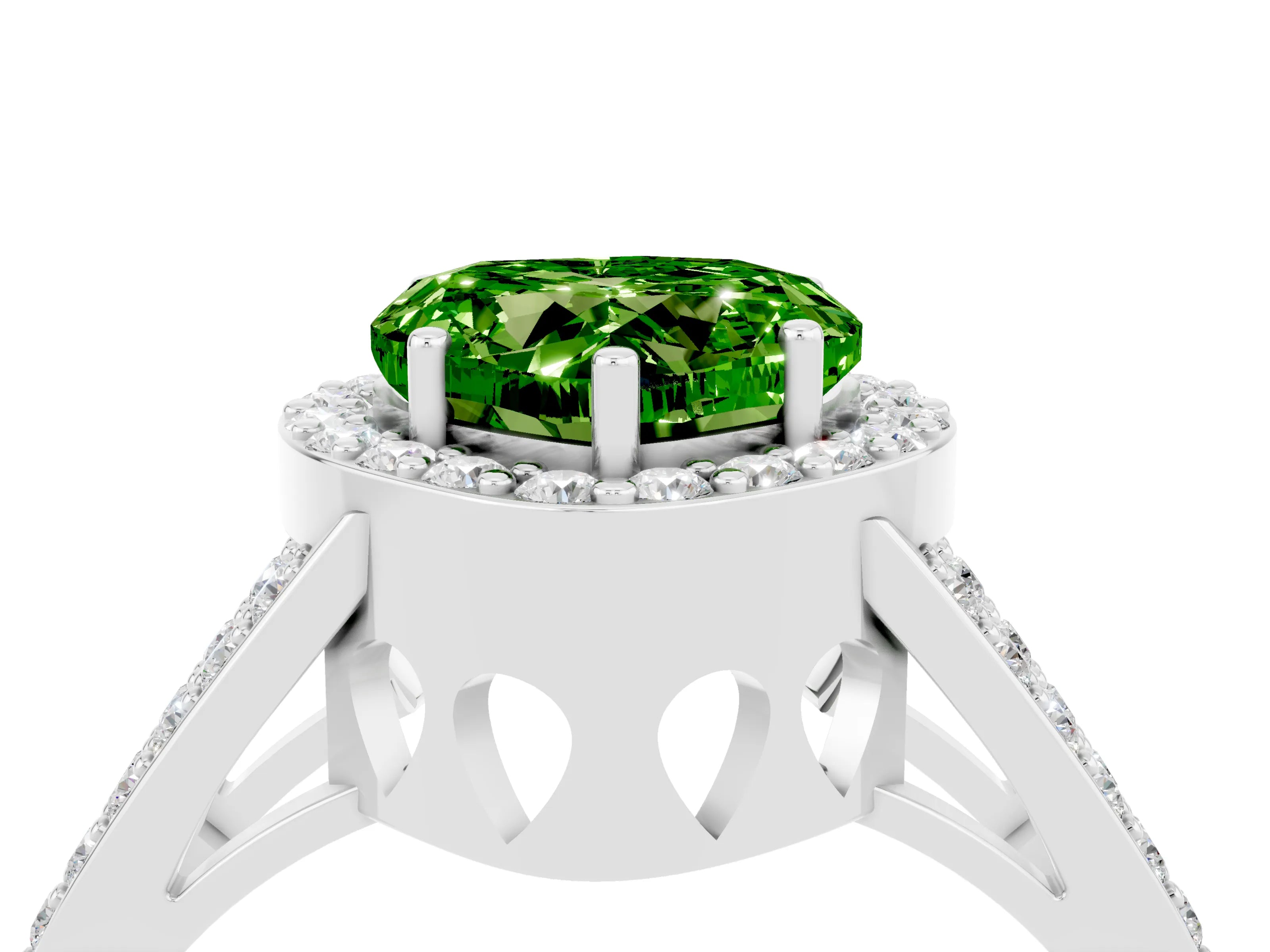 White gold Heart Cut Peridot Halo Ring with Split Shank U-Prong Band and Four-Prong Setting_4