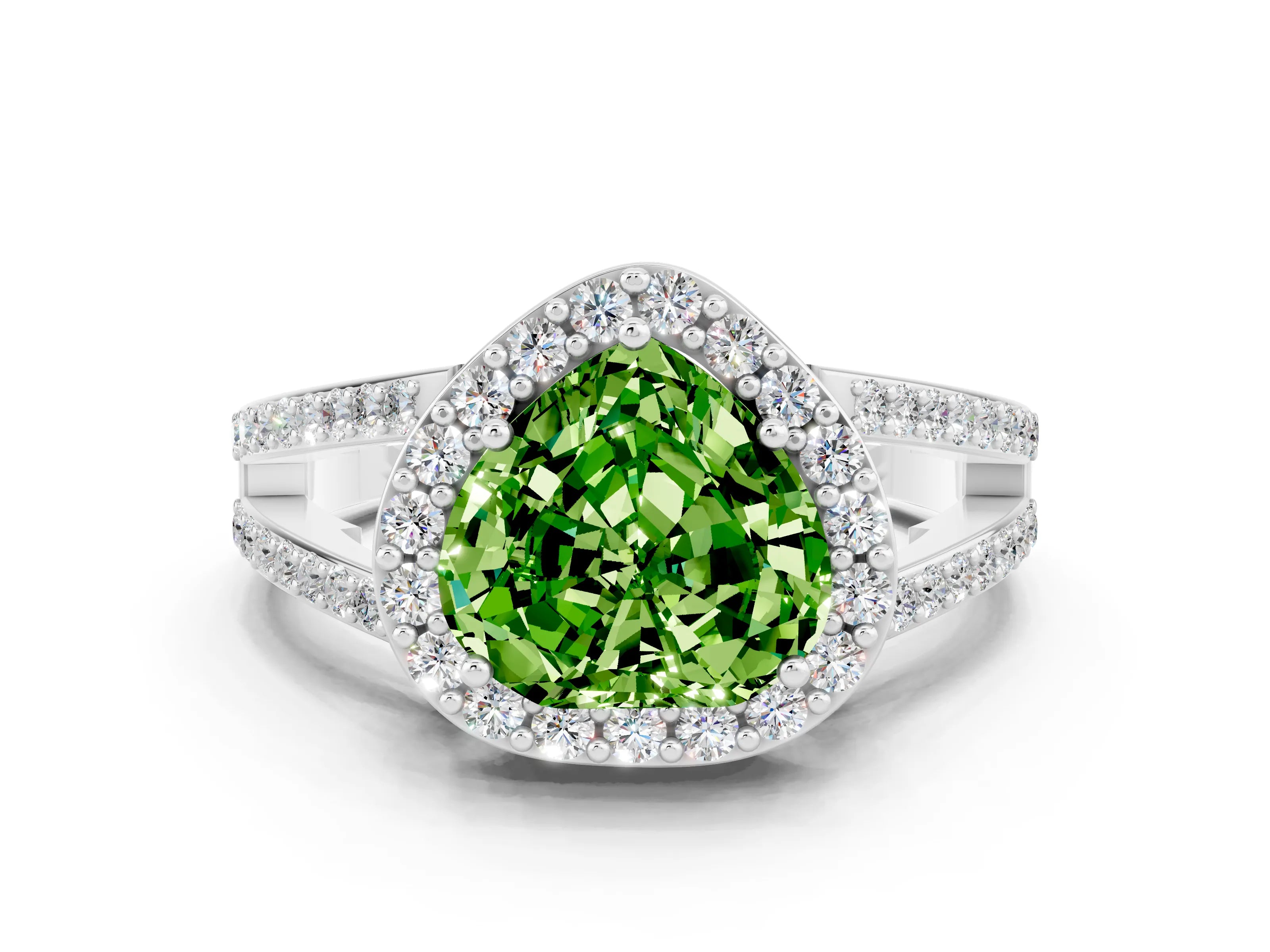 White gold Heart Cut Peridot Halo Ring with Split Shank U-Prong Band and Four-Prong Setting