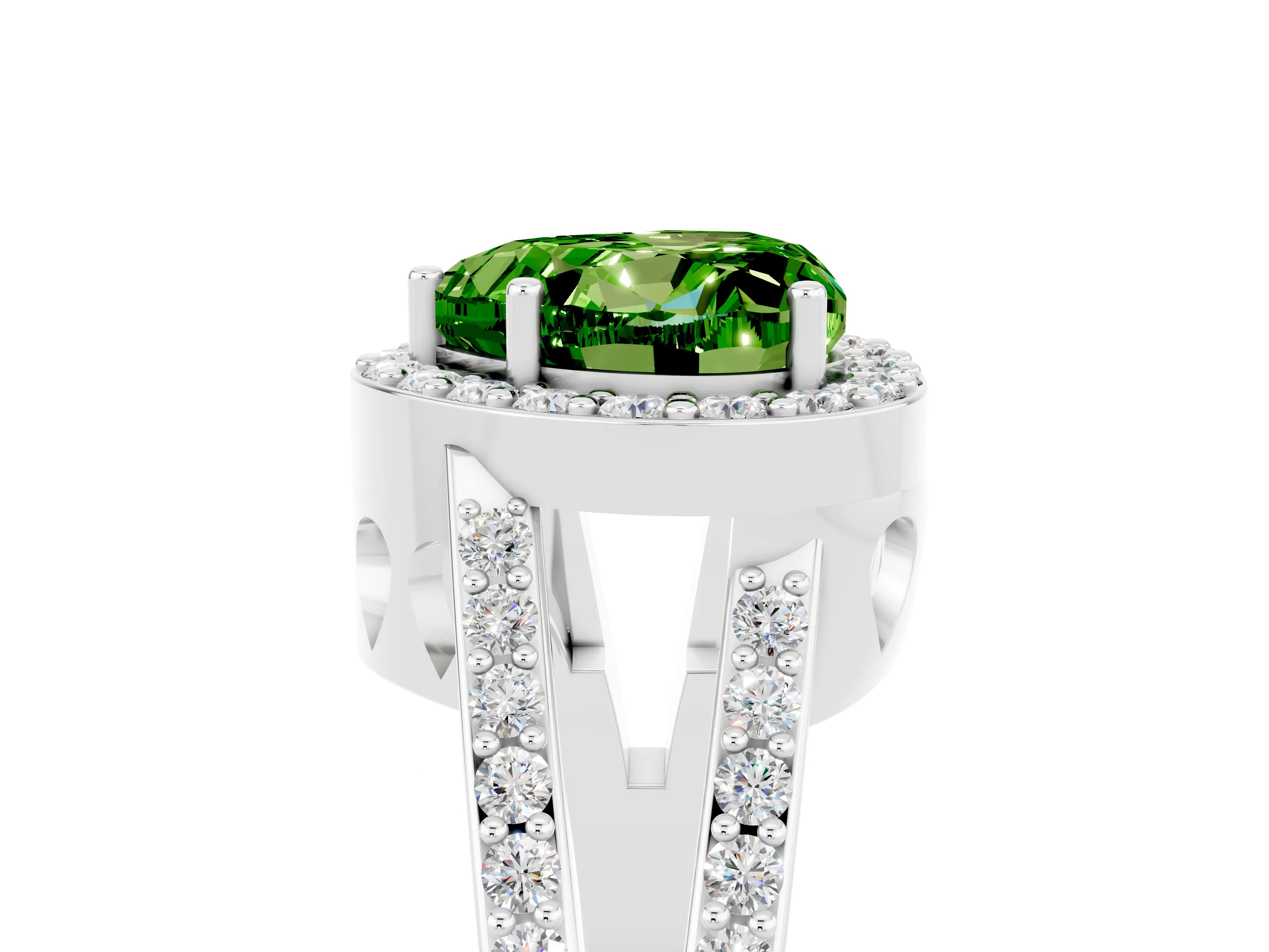 White gold Heart Cut Peridot Halo Ring with Split Shank U-Prong Band and Four-Prong Setting_5