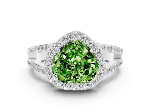 White gold Heart Cut Peridot Halo Ring with Split Shank U-Prong Band and Four-Prong Setting
