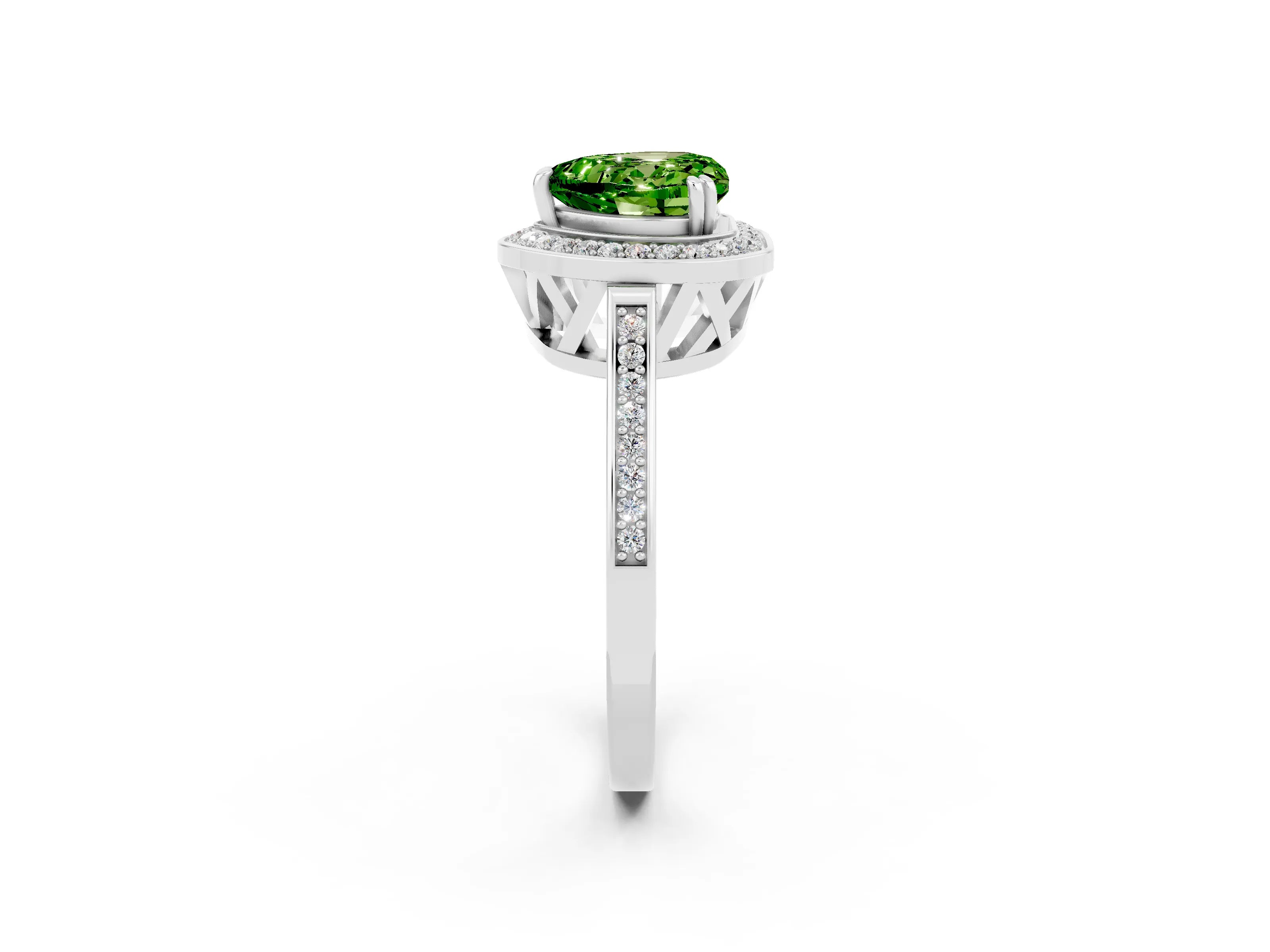 White gold Heart Cut Peridot Halo Ring with Split Shank and Four-Prong Setting_11
