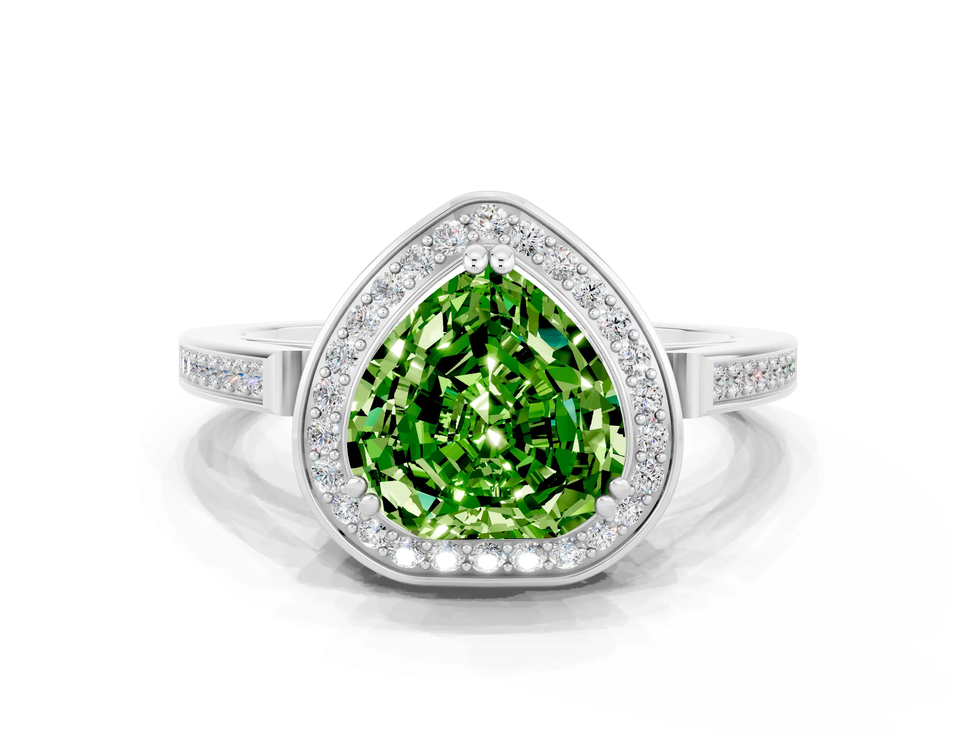 White gold Heart Cut Peridot Halo Ring with Split Shank and Four-Prong Setting_12