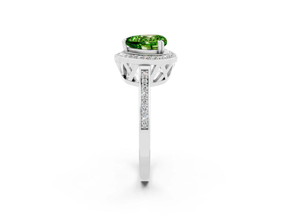 White gold Heart Cut Peridot Halo Ring with Split Shank and Four-Prong Setting