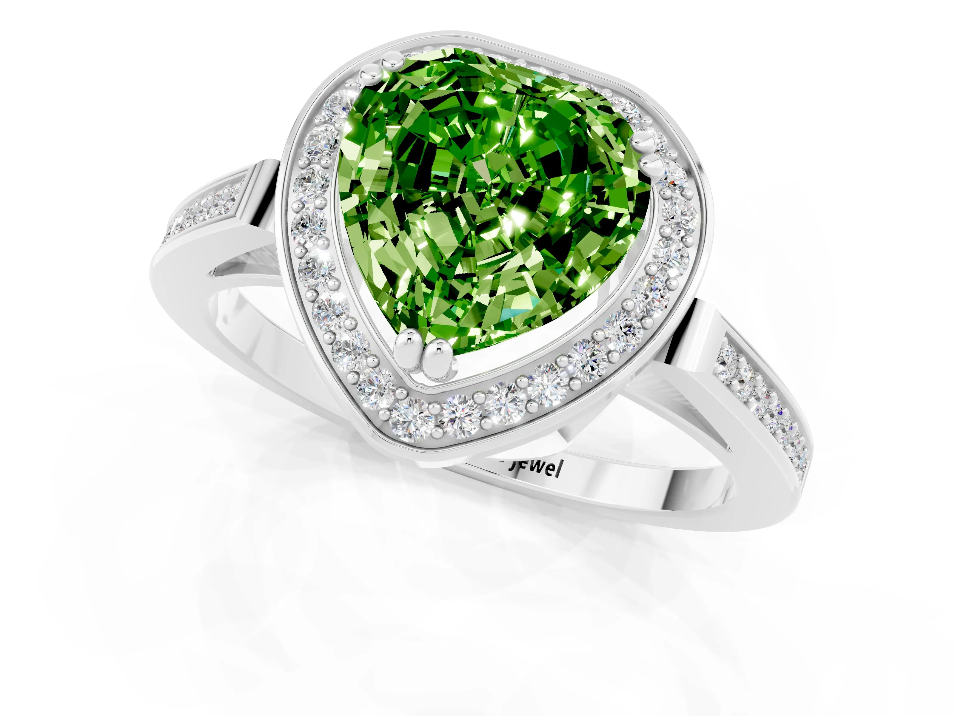 White gold Heart Cut Peridot Halo Ring with Split Shank and Four-Prong Setting_25
