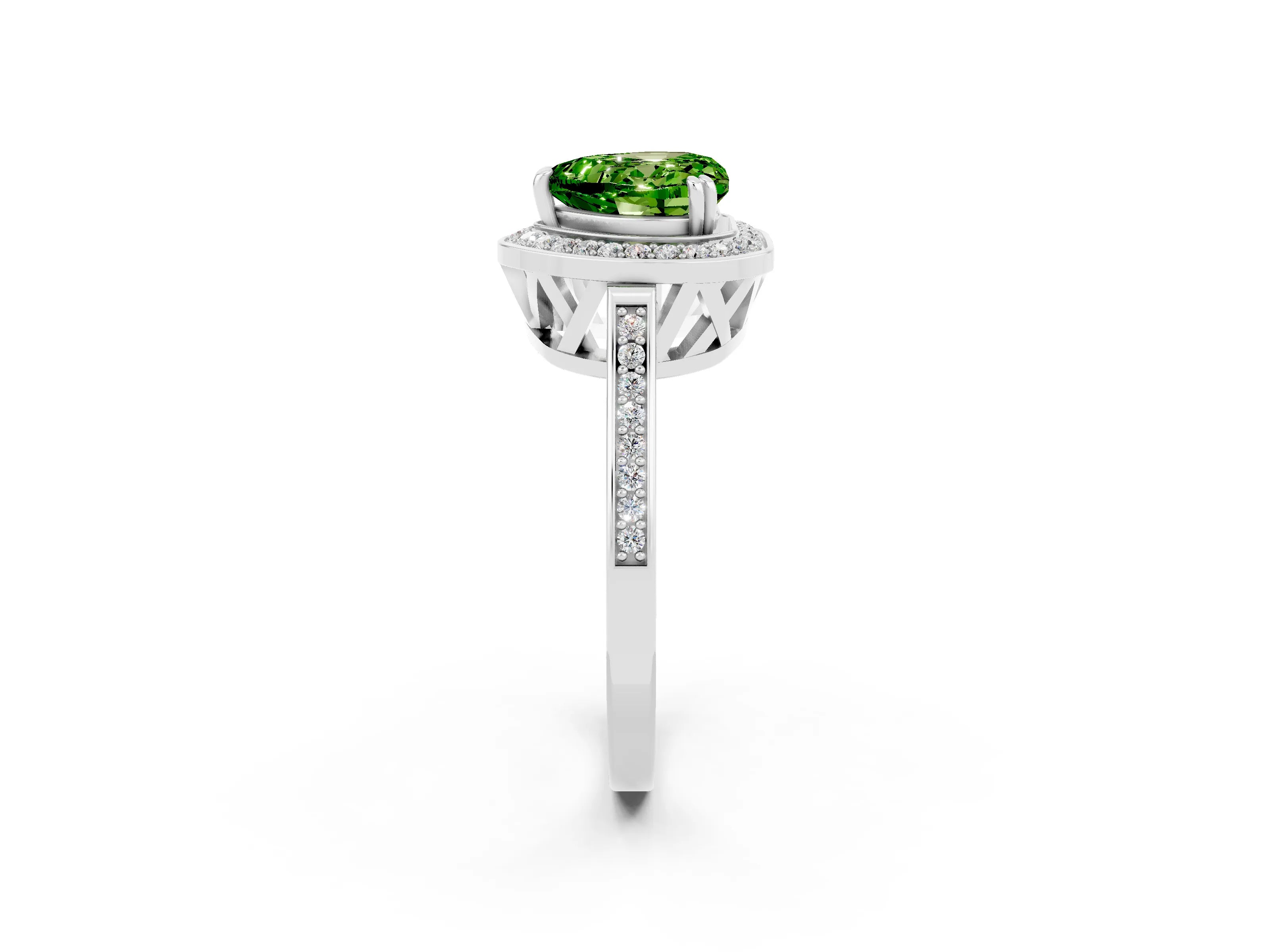 White gold Heart Cut Peridot Halo Ring with Split Shank and Four-Prong Setting_26