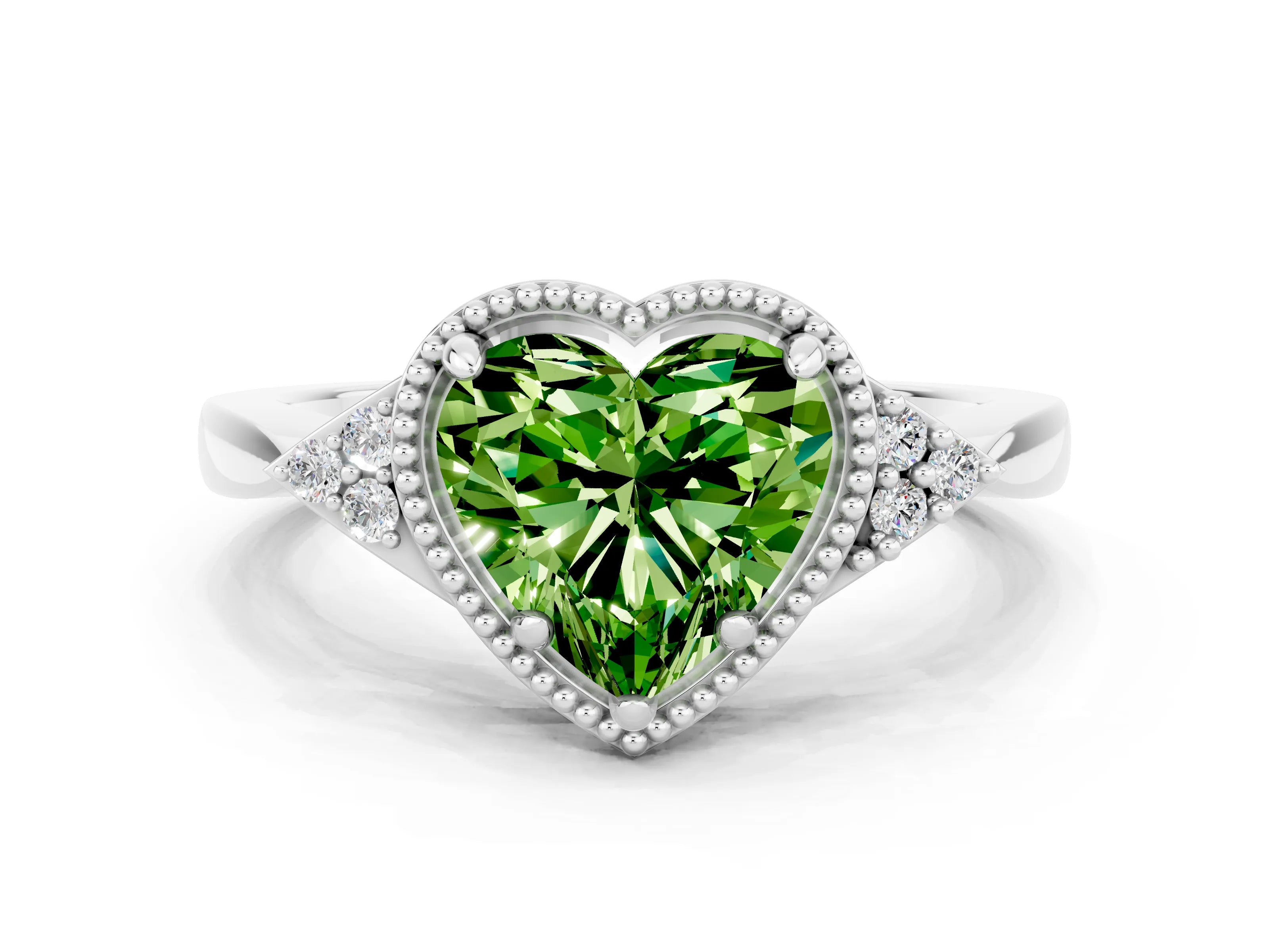 White gold Heart Cut Peridot Halo Ring with Tapered Band and Four-Prong Setting
