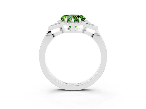 Platinum Heart Cut Peridot Halo Ring with Tapered Band and Four-Prong Setting